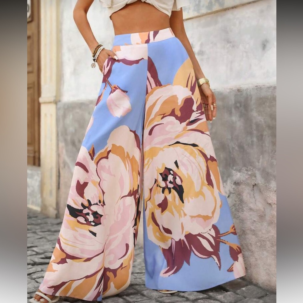 Boho Floral Print Wide Leg Palazzo Pants